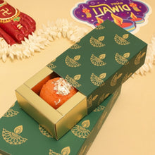 Load image into Gallery viewer, M362 Happy Diwali Green Diya Golden Embossed 2 Cavity Chocolate Box | Candles | Macarons
