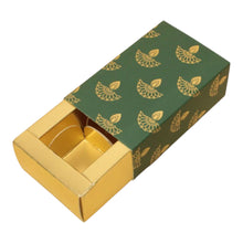 Load image into Gallery viewer, M362 Happy Diwali Green Diya Golden Embossed 2 Cavity Chocolate Box | Candles | Macarons
